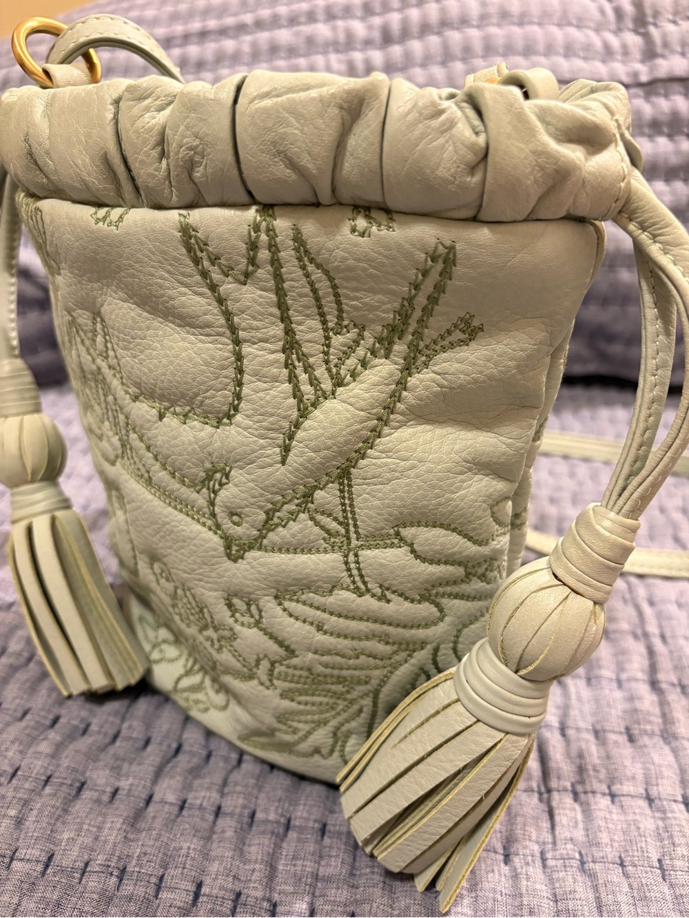 Isabella Fiore Sage Green Leather Crossbody Drawstring Mini Bucket Bag w/Tassels